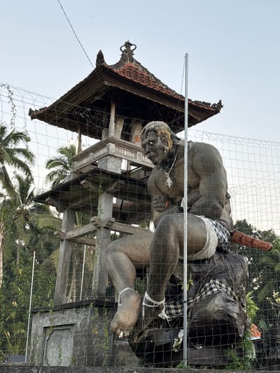 In Payangan, Indonesia, a large, imposing statue of a muscular, dark-skinned humanoid figure is depicted sitting. The figure is adorned with a black and white checkered sarong around its waist and a white cloth tied around its left ankle. It appears to be holding a reddish, cylindrical object in its lap, possibly a weapon or part of a costume. The statue is positioned in front of a multi-tiered, wooden structure with a red tiled roof, resembling a Balinese temple. A wire fence runs across the foreground, partially obscuring the view of the statue and the structure. Palm trees and lush green vegetation are visible in the background under a clear sky.