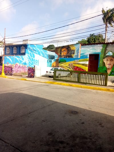This is an eye-level, medium-shot, outdoor photograph of a street in La Asunción, Venezuela. The scene is dominated by a building adorned with vibrant murals. On the left, a two-story structure painted in bright blue with white swirls features three windows with white bars. To the right of this is a building with murals depicting a bearded man with a crown of thorns, a hand holding yellow stalks of grain, and red cherries. Further to the right, a mural features a man in a green cap and jacket, with a goatee. A dark red door is visible in the wall between the murals. In front of the buildings, a light-colored sedan is parked. A green slatted fence with a yellow border runs along the sidewalk in front of the murals. The street in the foreground is asphalt, with some shadows cast from overhead power lines and trees. A few fallen leaves are scattered on the street. The sky is blue with scattered white clouds, and a palm tree is visible behind the buildings on the right. The image captures a sunny day in what appears to be a residential or commercial area with significant public art.