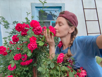 A woman wearing a maroon baseball cap and a blue t-shirt is smelling a bush of pink roses. Her eyes are closed, and she is holding a rose in her hand. The woman is positioned to the right of the rose bush, which is in the foreground. Behind the woman is a white building with a blue-trimmed window. To the right of the building is a rusty metal ladder. The scene is outdoors, likely in a garden or yard. The location is specified as Ароматновское сельское поселение, Ukraine.