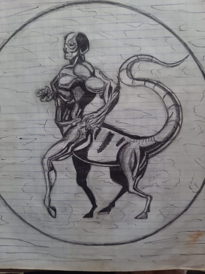 A pencil drawing on lined paper depicts a mythical creature, a centaur with a humanoid upper body and the lower body of a reptilian or dragon-like quadruped. The creature is enclosed within a large circle, with wavy lines suggesting a background. The humanoid torso is muscular and anatomically detailed, with a skull-like face. The lower body is sleek and powerful, with a long, segmented tail. The creature is depicted in mid-stride, suggesting movement. The drawing is in black and white, with varying shades created by pencil shading. The image does not depict any identifiable location in the city of Semey, Kazakhstan.