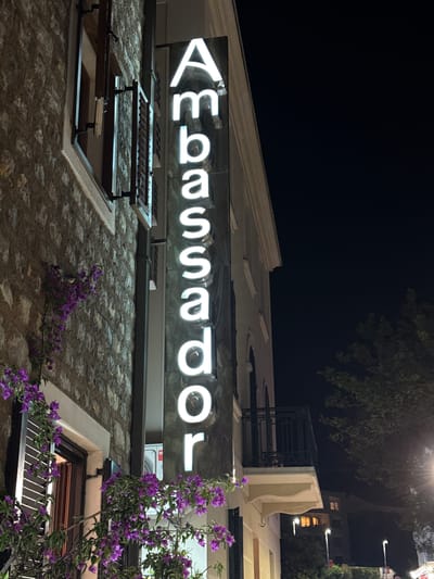 The image shows a building at night, likely a hotel or restaurant, with a neon sign that reads "AMBASSADOR". The sign is illuminated in white and is mounted on the facade of the building, which is constructed of stone. There are also some decorative architectural elements visible on the building.
In the foreground, there are some wooden benches and what appear to be skylights or ventilation covers. The scene is illuminated by the neon sign and some ambient light, creating a dramatic effect. Purple flowers are growing on the side of the building, adding a splash of color to the night scene.
The time of day is clearly night, and the sky is dark, suggesting no significant cloud cover. The location is identified as Medinski Krš, Montenegro. There is no visible activity or people in the image. The overall mood is one of quiet elegance and perhaps a touch of mystery, due to the night setting and the glowing sign. The architectural style suggests a historic or traditional building.