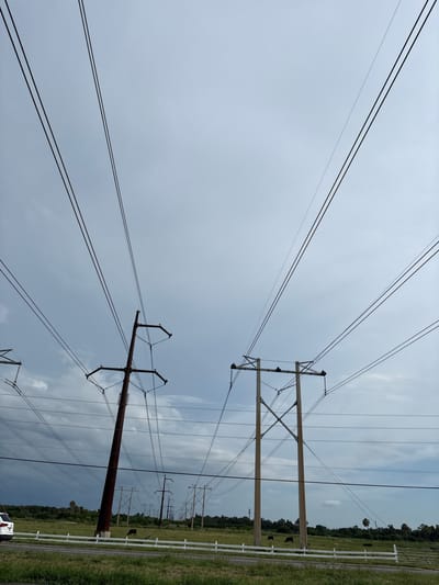 The image captures a rural landscape with a dramatic sky overhead. Power lines dominate the foreground, stretching across the frame from left to right, supported by tall wooden and concrete pylons. The sky is heavily clouded, with a mix of light and dark gray tones, suggesting an impending storm or recent rainfall.
In the middle ground, a wide expanse of green grass stretches out, dotted with a few scattered trees and palm trees in the distance. A white fence runs horizontally across the lower portion of the image, separating the grassy field from a road. On the grassy field, several dark-colored cows are visible, grazing peacefully.
In the far left of the image, the rear of a white SUV is visible, parked near the side of the road. The overall impression is one of a serene, open landscape, where nature and infrastructure coexist under a vast, cloudy sky. The specific location is in the city of Bradenton, United States of America.
