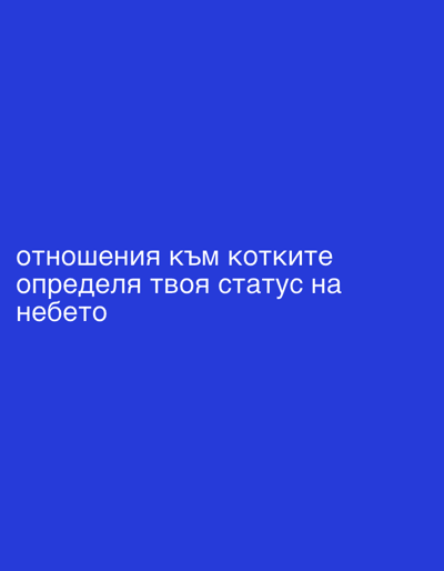 The image is a simple graphic featuring white text on a solid royal blue background. There are no people, objects, or specific scenes depicted. The text, written in Cyrillic script, is positioned on the lower left side of the frame and reads:
"отношения към котките
определя твоя статус на
небето"
This translates to:
"relationships with cats
determines your status in
heaven"
The quote suggests a humorous or philosophical take on how one's treatment or attitude towards cats might influence their afterlife status. There are no visual cues for time of day, weather, or specific emotions other than what the text might evoke (e.g., amusement, contemplation for cat lovers). The image itself provides no location cues, but the context provided indicates it is associated with Rakovski, Bulgaria.