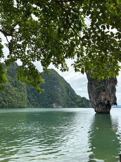 The image captures a serene coastal landscape with a dramatic rocky outcropping jutting into the water. Lush green trees frame the left side of the scene, their leaves creating a natural canopy that partially obscures the sky. In the background, a densely forested mountain rises from the water, its slopes covered in a vibrant tapestry of green. The sea is a calm, emerald green, with ripples reflecting the overcast sky. Several yellow buoys are visible, floating on the surface of the water, suggesting a designated area or perhaps a marker for a swimming zone. The overall impression is one of natural beauty and tranquility, with the stark contrast between the rugged rock formations and the verdant foliage creating a visually striking composition. The lighting suggests it might be daytime, possibly with an overcast sky given the soft, diffused light and the lack of strong shadows. The location appears to be a tropical or subtropical coastal region, consistent with the lush vegetation and limestone karsts often found in such areas.