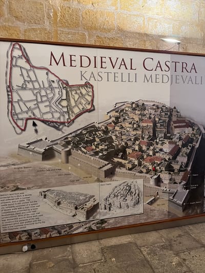 This media file is a photograph of a large, laminated informational display or map board mounted on a stone wall. The display features a detailed, three-dimensional aerial view of a medieval fortified city, likely Mdina in Malta, as indicated by the prominent text. The city is depicted with numerous stone buildings, red-tiled roofs, and imposing defensive walls, bastions, and towers. A smaller, schematic map of the city's layout, including ditches and streets, is also shown on the left side of the display.
Various parts of the fortifications and city are labeled with text in English and possibly another language (likely Maltese given the context of Malta), including "MEDIEVAL CASTRA KASTELLI MEDJEVALI", "Knights' Bastion", "Greeks Gate and Tower", "Ditch (fosso)", "Inner wall", "Outer wall", "Main Gate", "Torre Mastra", "Area of Castle", "Palazzo", and "Torre de la Camera". A descriptive text block in English details the defensive features of Mdina's land front, mentioning ditches, double walls, towers, and castles, with further information about the construction and modifications of the ramparts during the Hospitaller period.
The scene appears to be indoors, given the lighting and the stone wall backdrop. The display is well-lit, possibly by a spotlight aimed at the top left of the board, illuminating the textured stone of the wall. The overall impression is that of a historical exhibit or an informational panel at a tourist site, providing context and details about a significant historical location. There are no people visible in the photograph, and the focus is solely on the display and its immediate surroundings.