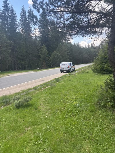 The image depicts a white commercial van parked on the side of a winding asphalt road, set within a dense coniferous forest in what appears to be a rural or mountainous area. The scene is illuminated by bright daylight, suggesting a clear to partly cloudy day.
The van is positioned on the right side of the road, facing away from the viewer. It is a Fiat model, identifiable by the "FIAT" logo on the rear door. Prominently displayed on the side and rear of the van is the brand name "PIGEON" accompanied by a bird logo. Below this, a phone number "P 0700 111 33" is visible. The license plate reads "CB 0272 PL", indicating a Bulgarian registration, consistent with the Pobit Kamak, Bulgaria context.
The road itself is paved with asphalt, featuring a faded white line that runs along its length, possibly marking the edge or center. A narrow gravel shoulder separates the road from the surrounding landscape. On both sides of the road, dense green coniferous trees form a thick forest, extending into the background. To the right of the road, a wide strip of lush, vibrant green grass covers the ground, intermingled with various wild plants and flowers. Above the tree canopy, patches of blue sky with scattered white clouds are visible. No people are present, and the van appears to be stationary, suggesting a pause in travel along this scenic forest road.