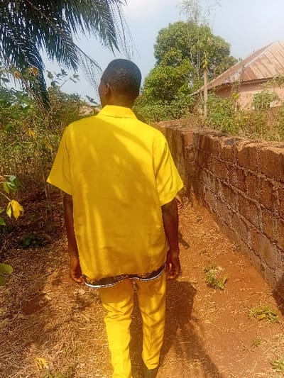 An adult male is observed from behind, walking away from the camera in Ayangba, Nigeria, under a clear sky. He wears a short-sleeved yellow shirt with a black and white patterned border at the lower hem, yellow trousers, and dark shoes. The ground is reddish-brown earth with sparse dry grass and small green plants. To the left, dense green and yellowish foliage is present, including the fronds of a palm tree. To the right, a low, rough-textured wall of reddish-brown blocks runs parallel to the walking path. Beyond the wall and additional greenery in the background, a building with a rusted corrugated metal roof and several large green trees are visible. Strong sunlight casts the subject's shadow to his right.
