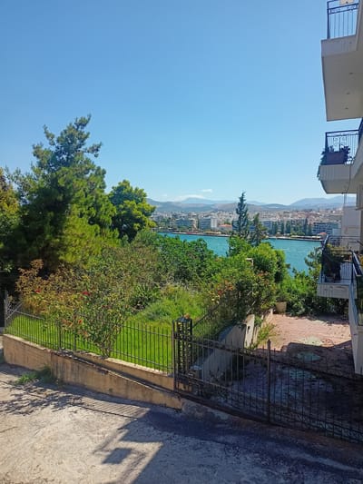 A medium shot captures a sunlit, elevated view of a turquoise body of water with a city skyline in the distance, under a clear blue sky. In the foreground, lush green trees and shrubs line a grassy area enclosed by a black metal fence. To the right, a portion of a white building with balconies is visible, one balcony featuring potted plants. The overall scene appears to be a residential area within the Municipal Unit of Anthidon, Greece.