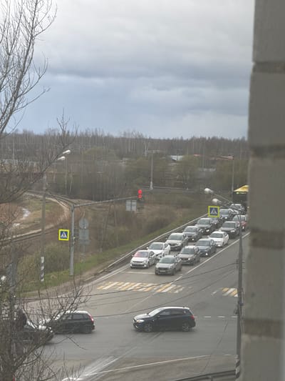 This media file presents an elevated, slightly tilted view of a road in Ново-Никольское, Russia, under an overcast sky. The scene depicts a traffic situation, likely from late winter or early spring, given the bare trees.
The primary subject is a multi-lane asphalt road with vehicles. In the leftmost lane visible, a long queue of approximately ten cars, predominantly white or silver, is stopped. A red traffic light, positioned to the left of the road, is clearly illuminated, displaying a digital countdown of "18" seconds. Adjacent to the queued cars, a dark-colored SUV is visible in another lane, potentially moving or waiting. Further down the road, another dark vehicle is partially seen.
The road features multiple pedestrian crossings, marked by distinct white and yellow zebra stripes. Two prominent yellow diamond-shaped road signs, each bearing a black pedestrian symbol, indicate these crossings. Utility poles with overhead wires and streetlights line the side of the road.
Beyond the road, the landscape consists of an area with sparse, leafless trees and earthy tones, suggesting dormant vegetation. A denser line of trees forms the horizon in the background. The sky is uniformly grey and cloudy, indicating an overcast day. In the immediate foreground on the bottom left, out-of-focus bare tree branches frame a part of the image. The view is captured from an elevated position, with a building structure partially visible at the top of the frame.