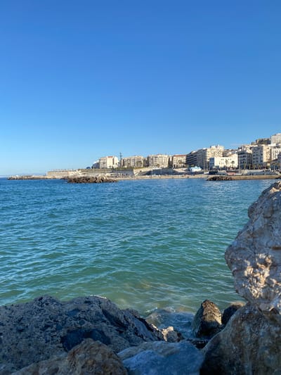 The image shows a coastal scene in Beau Fraisier, Algeria, viewed from a high vantage point overlooking the water. A row of multi-story buildings lines the coast in the distance, with a narrow beach visible in front. The water is a light green color with visible wave patterns. Large, grey rocks are in the foreground, forming part of a breakwater or shoreline protection. The sky is clear and blue. No people are visible.