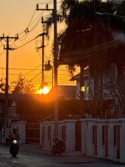 The image depicts an urban street scene at sunset or sunrise in Chiang Rai City Municipality, Thailand. The sky exhibits a vibrant orange and yellow gradient, with the intensely bright sun low on the horizon, partially obscured by structures and generating a prominent lens flare.
In the foreground, an asphalt-paved road runs horizontally across the lower portion of the frame. On the left side of the road, a person wearing a helmet operates a dark-colored motorcycle with an illuminated circular headlight, traveling towards the viewer. On the right side, a second dark-colored motorcycle is parked stationary at the edge of the road, adjacent to a curb.
The midground is dominated by multiple dark utility poles, heavily laden with a dense and complex network of overhead electrical and communication wires crisscrossing the frame. Behind these utility structures, the dark silhouettes of tropical palm trees and other deciduous trees with bare branches are visible against the bright sky. The upper sections of residential or commercial buildings, characterized by sloped roofs and light-colored walls, are partially discernible behind the trees and utility poles. A light-colored, low-rise concrete wall with regularly spaced vertical pillar-like sections runs parallel to the street on the right, in front of the buildings.