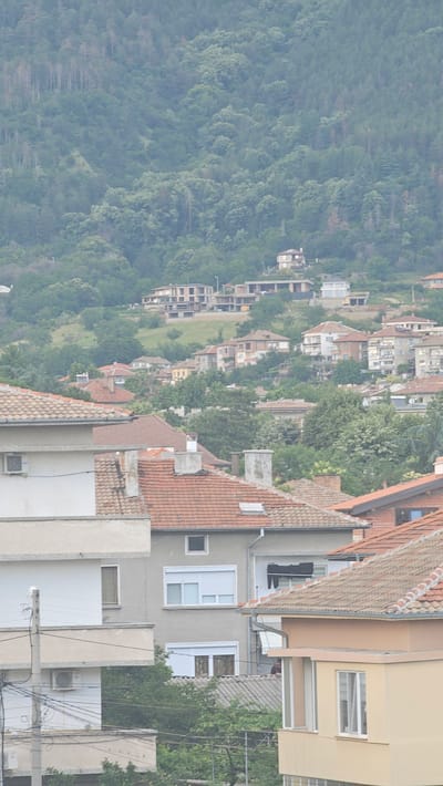 The image depicts a view of a residential area in Karlovo, Bulgaria, nestled against a hillside covered in dense green foliage. The foreground features the rooftops of several houses, characterized by terracotta tiles and brick chimneys. One building in the lower left exhibits a white facade with an air conditioning unit. Further into the scene, more houses are visible, varying in architectural style and color. Some are older, with visible brickwork, while others are painted in lighter hues like white and beige. Multiple windows, some with white shutters, are scattered across the buildings. A few unfinished or under-construction buildings are present on the hillside, suggesting ongoing development. Power lines and poles are visible in the lower portion of the image, and trees and shrubs are interspersed among the houses, indicating a well-established residential neighborhood. The overall impression is a semi-urban environment with a strong natural backdrop of a wooded hill.