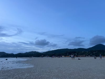 The image depicts a twilight scene on a sandy beach in Ko Pha-ngan District, Thailand. The sky is a gradient of deep blue and lighter hues, with scattered clouds that are beginning to darken. The sun has set, indicating the time of day is dusk. The beach is wide and flat, with the sand showing textures from the receding tide. In the foreground, the wet sand reflects the sky, creating a mirror-like effect.
Several people are visible on the beach, scattered across the sand. Some are walking individually or in small groups, while others appear to be standing and observing the surroundings. Two dogs are also present on the beach, adding to the casual atmosphere. The distant background features a lush, dark green coastline with mountains covered in dense vegetation, possibly palm trees. Small structures, perhaps buildings or resorts, are visible nestled along the shoreline, illuminated by lights that create a warm glow against the darkening landscape. The overall mood is peaceful and serene, characteristic of a beach at the end of the day. No visible text is present in the image.