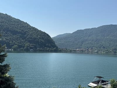 This is a wide, landscape photograph taken from a high vantage point overlooking a large, tranquil lake in Caslano, Switzerland. The sky is a clear, pale blue, with a faint contrail from an airplane visible in the upper right quadrant. 

Dominating the left side of the frame is a steep, densely forested mountain that slopes down towards the water. The trees are a vibrant green, creating a lush and verdant texture. On the right side, a series of rolling hills, also covered in dense green foliage, recede into the distance. Nestled along the shoreline in the middle distance, on the far side of the lake, is a small town with buildings and houses visible amongst the trees.

The lake itself occupies the majority of the foreground and midground, its surface a deep, shimmering blue with subtle ripples creating a textured effect. In the lower right corner, a small, modern white boat with a black canopy is moored to a wooden dock, partially obscured by green foliage in the immediate foreground. The overall impression is one of serene natural beauty and a peaceful lakeside scene.