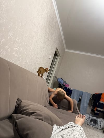 In a dimly lit indoor setting, a young boy is seen from behind, sitting on a large, plush sofa. He is shirtless, wearing light blue shorts, and appears to be engrossed in his phone. His arm is resting on the sofa's backrest as he leans forward. To his right, on the same sofa, a person's bare foot with painted toenails is visible, suggesting the presence of another individual. A small, ginger cat is perched on the edge of the sofa, looking towards the left. In the background, a clothes drying rack is laden with various items of clothing, including jeans and shirts, some of which are brightly colored. The room has light-colored walls and textured flooring, with a white baseboard running along the wall. A large, dark opening in the floor, possibly a ventilation shaft or a hidden door, is also visible. The overall mood is relaxed and domestic. The image appears to be taken indoors, likely in a residential apartment in Stary Oskol, Russia, judging by the provided location context. There is no visible text in the image.