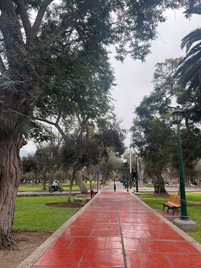 The image depicts a park in San Isidro, Peru. A straight, red-tiled pathway stretches into the distance, flanked by trees on both sides. Street lamps are positioned along the pathway, and benches are visible. A road runs parallel to the pathway, and a motorcycle with a rider is present on it. The sky appears overcast. The trees are lush, forming a canopy overhead. The overall setting suggests a tranquil, urban park environment.