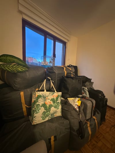 A large stack of bags is centrally positioned in the image, occupying a significant portion of the frame. The bags are various shades of gray and black, with some featuring tan straps. A tote bag with a floral pattern sits atop the stack. In the lower left corner, there's a potted plant with two visible leaves. To the left of the bags, a window reveals a view of the sky. A birdcage is visible in the window. The location appears to be indoors. It is not possible to verify if this is Gijón/Xixón, Spain, based on the visual information provided.