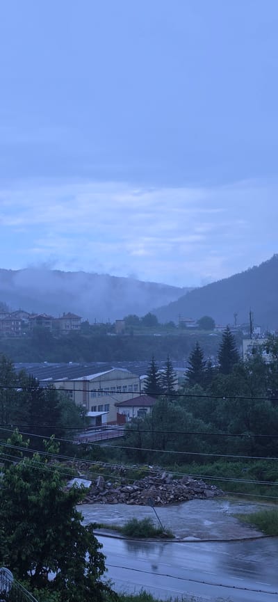 The image captures an overcast, misty, or post-rain scene in the city of Rudozem, Bulgaria, viewed from an elevated perspective. The ambient light is diffused, resulting in a predominantly blue-grey and muted green color palette.

The upper third of the image shows a heavily overcast sky with layered grey and pale blue clouds. Below the sky, a series of forested mountains and hills dominate the background. The hills on the left are significantly obscured by dense mist or low-hanging clouds, while those on the right are clearer, revealing dense conifer forests.

In the mid-ground, a portion of the city of Rudozem is visible. On the left hillside, several multi-story residential buildings with light-colored facades and reddish-brown tiled roofs are nestled among trees, partially shrouded in the mist. In the central mid-ground, a large, elongated industrial or commercial building, colored light yellow or beige with a dark roof and numerous rectangular windows, is prominent. Behind this building, several large, flat-roofed structures with horizontal ribbing suggest an industrial complex. To the right, more residential buildings and a communications tower are visible on a greener hillside, with a winding road where several white cars are parked or moving. A red-railed bridge or overpass spans a gap between areas, leading towards the industrial building.

The foreground is characterized by lush, dark green foliage, including large deciduous trees and smaller plants, which appear wet. Multiple power lines or utility cables horizontally traverse the lower portion of the frame. On the ground level, a wet, dark asphalt road curves, reflecting the grey sky. Adjacent to the road, a large pile of rock fragments and debris, possibly construction refuse, is present, with some reflective material, possibly metallic sheeting, on its surface. A dark, slender post, possibly a damaged road sign, leans within this debris pile. Areas of standing water or large puddles are visible next to the road and the debris pile, reflecting the sky. No human figures are discernible anywhere in the scene.
