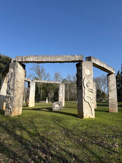 The image displays an outdoor sculptural installation located in the city of Mealhada, Portugal, under a clear blue sky. The central focus is a multi-part structure composed of light-colored, rough-hewn stone blocks forming an open framework of vertical pillars and horizontal lintels. The pillars feature carved bas-relief designs; the leftmost prominent pillar exhibits an abstract, curvilinear organic pattern, while the rightmost prominent pillar displays a stylized figure with a circular motif above it. The horizontal lintels have a ribbed or striated texture. Scattered across the green grass in the mid-ground are several other standalone stone sculptures, including tall, rectangular slabs with carved abstract patterns and a low, rectangular block featuring a prominent oval indentation. The ground is covered with green grass, interspersed with patches of dry, fallen leaves. Long shadows are cast across the grass, indicating direct sunlight from the left. A dense line of trees, a mix of deciduous and evergreen species, forms the background. No individuals or animals are visible in the scene.