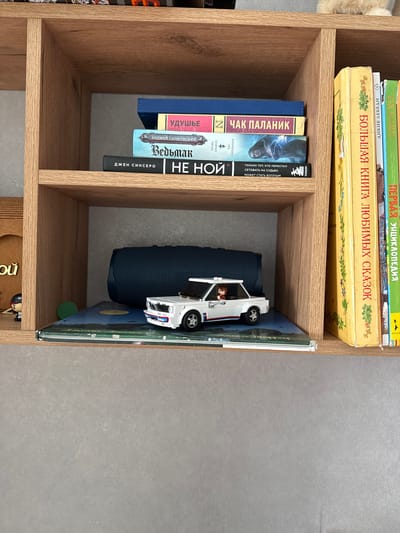 This is a photograph of a wooden bookshelf filled with books and a toy car. The bookshelf is divided into sections, with books stacked horizontally and vertically.
In the top section, there are several books. The top book has "OXFORD" and "ПЕРВАЯ ЭНЦИКЛОПЕДИЯ" (First Encyclopedia) visible on its spine. Below that is a book with "ДИКИЕ ЛЕБЕДИ" (Wild Swans) and a colorful pattern. The next book down has "БОЛЬШАЯ КНИГА ЛЮБИМЫХ СКАЗОК" (Big Book of Favorite Fairy Tales) on its spine.
The middle section of the bookshelf contains several vertical books. From left to right, the spines visible are: a dark blue book with "УДУШЬЕ" (Suffocation) in white letters, a book with "ЧАК ПАЛАНИК" (Chuck Palahniuk) in red and white lettering, and a book with "НЕ НОЙ" (Don't Cry) in large white letters on a black background. This book also has smaller text in Russian that reads "ТОЛЬКО ТОТ, КТО ПЕРЕСТАЛ СЕТОВАТЬ НА СУДЬБУ, МОЖЕТ СТАТЬ БОГАТЫМ" (Only he who stopped complaining about fate can become rich) and "ДЖЕН СИНСЕРО" (Jen Sincero). Between the books, there is a dark blue cylindrical object, possibly a portable speaker, and a white toy car with red and blue accents. The toy car is positioned on top of the book with "НЕ НОЙ".
The bottom section of the bookshelf is mostly empty, with a hint of a wooden surface and a small brown object with Cyrillic text that appears to say "оЙ" (Oi).
The overall scene depicts a cozy, indoor setting, likely a home library or living space. The lighting suggests it is daytime, but no external weather cues are visible. The arrangement of books and the presence of a toy suggest a personal collection and perhaps a child's or reader's space. The location context provided mentions Kondopoga, Russia.