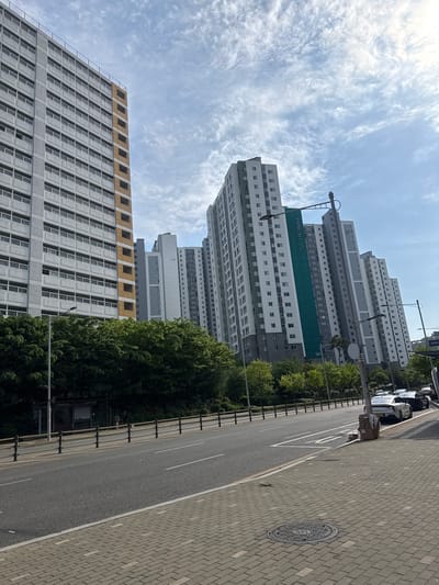 The image shows a street scene in Gimpo-si, South Korea. The camera is oriented vertically, looking up at tall buildings on the left. The buildings are predominantly gray and white with repetitive window patterns. One building has a prominent "PRUGIO" logo in green. A street runs along the right side of the image with a brick sidewalk. The sky is visible at the top, with wispy clouds and bright sunlight. A row of trees lines the street between the buildings and the road. Cars are parked along the edge of the road. A manhole cover is visible on the sidewalk. Streetlights are also present.
