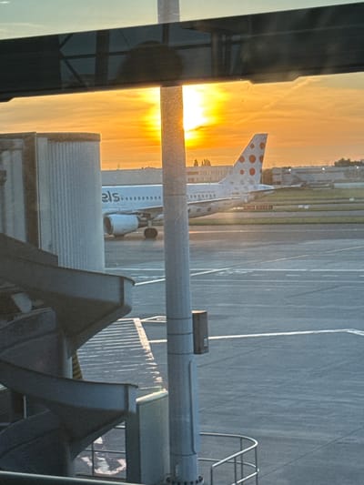 This is a photograph taken at Brussels Airport, Zaventem, Belgium, during sunset. The sun is low on the horizon, casting a warm orange glow across the sky and illuminating a parked airplane. The airplane, likely a narrow-body jet, has a distinctive tail with a pattern of red polka dots on a white background. The fuselage bears the airline's name, "els", in blue lettering. The airplane is connected to a jet bridge, suggesting it is either boarding or disembarking passengers. In the foreground, a portion of the airport's infrastructure, including part of a jet bridge and a spiral staircase, is visible. The tarmac is wet, reflecting the evening light, and marked with white lines typical of an airport runway or taxiway. The overall scene conveys a sense of travel and departure against a picturesque sunset.