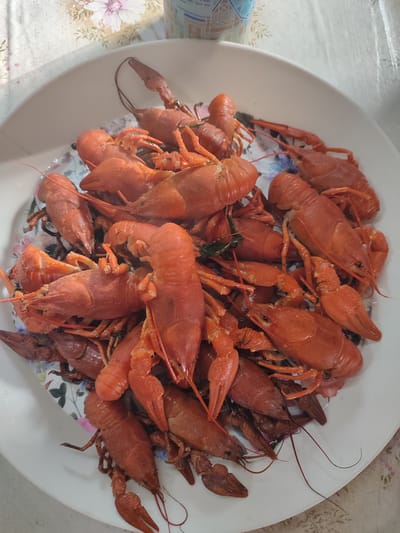 A close-up overhead shot captures a white, round platter overflowing with bright red cooked crayfish. The crayfish are arranged in a dense pile, with their bodies, claws, and tails clearly visible. The platter is set on a table covered with a tablecloth featuring a floral pattern of pink and purple flowers with green leaves. In the upper right corner of the image, a portion of a blue and white cylindrical object, possibly a can or bottle, is visible. The lighting suggests an indoor setting, with shadows cast by the objects on the table. The scene appears to be a serving of food, ready for consumption.