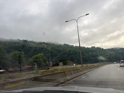 The image captures a view from inside a vehicle traveling on a highway in Tsakva, Georgia, on a cloudy day. The highway curves to the right, with a concrete barrier separating the lanes from the left side. A lush, green, tree-covered hillside rises steeply on the left, partially obscured by low-hanging clouds or fog near its peak. Several streetlights are visible along the highway. On the left side of the road, set back from the highway, there are some buildings with red roofs and wooden fencing. A few vehicles, including white vans and a white SUV, are visible on the highway ahead. The overall atmosphere is muted due to the overcast sky.