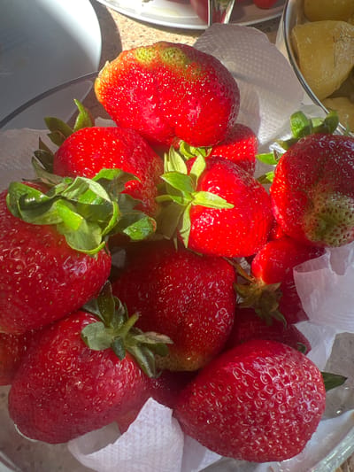 A close-up, overhead shot captures a bowl filled with ripe strawberries. The strawberries are predominantly bright red, with some exhibiting a slight green hue near their tops. Their surfaces are textured with numerous tiny seeds. Green leafy stems are visible on many of the fruits, adding a touch of freshness. The strawberries are arranged in a bowl, likely a glass one, and are interspersed with pieces of white paper towel, which appears to be absorbing moisture from the fruit. In the background, a glimpse of another bowl containing yellow fruit, possibly pineapple or melon, can be seen. The lighting suggests an outdoor setting, with strong sunlight casting shadows and highlighting the glossy sheen of the strawberries. The scene is likely an outdoor dining area or kitchen counter in Dzerzhinskoye, Moldova, preparing for a meal or snack.