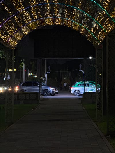The image depicts a nighttime scene in Dushanbe, Tajikistan, under an archway adorned with numerous golden string lights and colored LED strips. A paved walkway leads through the archway, flanked by grass. On the right side of the walkway, a white and green taxi with "Jura" written on its side is parked. Further in the background, other vehicles and silhouetted figures are visible. The overall ambiance suggests an entrance to a park or entertainment venue illuminated for the evening.