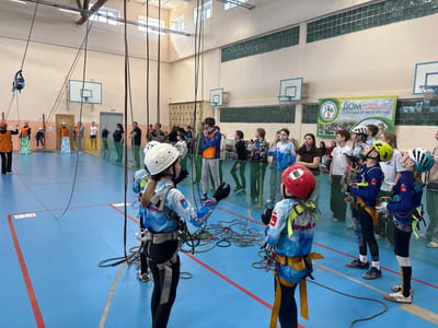 The image shows an indoor climbing competition, likely in a school gymnasium or community center, taking place in Berezniki, Russia. The blue floor of the gymnasium is marked with lines, indicating a climbing course for the competition. Ropes hang from the ceiling, forming the climbing structure.

Participants, most of whom appear to be children or teenagers, are wearing climbing harnesses and helmets. Some are preparing for their turn, while others are actively climbing or watching. Adult supervisors or judges are also present, some wearing bright orange vests to stand out.

A banner in the background bears a logo with the words "ДОМ ДЕТСКОГО И ЮНОШЕСКОГО ТУРИЗМА И ЭКСКУРСИЙ" indicating that it is the "House of Children and Youth Tourism and Excursions".

The environment is typical of an indoor sports facility, with basketball hoops mounted on the walls. Natural light filters in through windows along the wall. The scene captures the energy and activity of a youth climbing event.