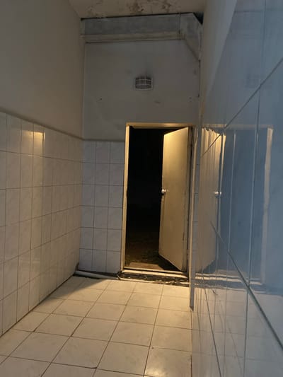 The image depicts a dimly lit interior hallway with tiled walls and floor. The hallway appears to be narrow, with white tiles on the left wall and a more reflective, possibly blue-toned tile on the right wall. The floor is also covered in square, light-colored tiles, with a shadow cast across it from the opening on the right.
In the center of the image, a single, light-colored door is ajar, opening into a dark, unlit space. The door has a simple silver doorknob. Above the door, on the wall, a rectangular light fixture is visible. The ceiling shows signs of wear, with some peeling paint and what appears to be a concrete beam or conduit running across it.
The scene suggests an access point to another area, possibly a room or an exterior space, given the darkness beyond the open door. The overall impression is one of an ordinary, functional hallway that may be part of a building in a less maintained condition, perhaps an industrial or utility area.
The location is stated to be in Ranchpar, Armenia. There are no people or discernible actions taking place in the image. The environment is static, focusing on the architectural elements and their condition.