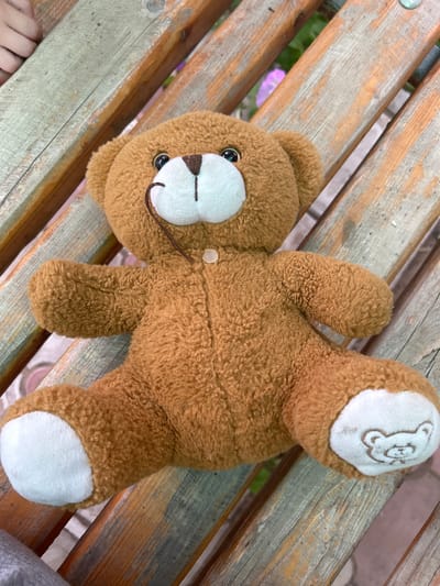 A brown teddy bear is lying on a wooden bench. The bear is oriented with its head to the left and its body extending to the right, with one paw lifted. It has a light-colored snout with black eyes and embroidered stitching for its nose and mouth. There is a small, white button on its chest. The bear's paws also have light-colored paw pads, and one of them has a small embroidered bear face. The wooden bench appears weathered, with planks running horizontally in the image. In the background, out of focus, there are glimpses of green foliage and some purple flowers. A hand, possibly a child's, is visible at the bottom left of the frame, touching the bench. The lighting suggests it is daytime.