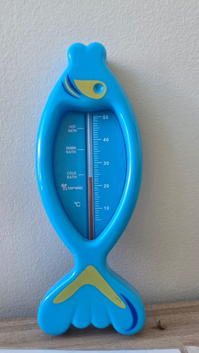An overhead shot shows a bright blue, fish-shaped baby bath thermometer with yellow accents and a red temperature indicator. The thermometer displays measurements in degrees Celsius, with markings for "HOT BATH," "WARM BATH," and "COLD BATH." The thermometer is positioned vertically against a textured, off-white wall, with the bottom portion resting on a wooden shelf. A small, dark insect, possibly a grasshopper, is visible on the shelf to the right of the thermometer. The image was taken in Devnya, Bulgaria.