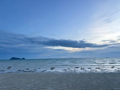 This media file captures a serene beach scene at dusk. The foreground is dominated by rippled sand, indicating a recent tide. Scattered clumps of seaweed and debris are visible on the wet sand closer to the water's edge. The sea stretches out to the horizon, with gentle waves creating a textured surface. In the distance, a few small, dark islands rise from the water, adding depth to the landscape. The sky above is a canvas of twilight hues, with a blend of pale blue and soft grays from the clouds. The lighting suggests either early morning or late evening, with a diffused, gentle glow. The overall mood is peaceful and tranquil, evoking a sense of calm and solitude. The location is hinted to be Ko Pha-ngan District, Thailand, suggesting a tropical setting. No people, objects, or text are prominently visible in the scene.