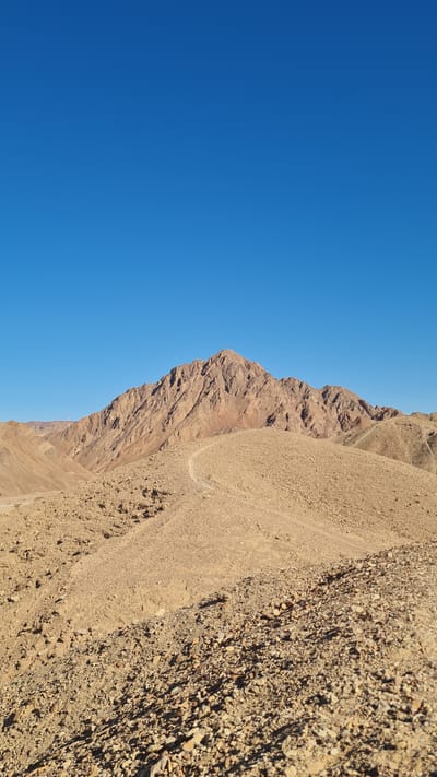 This vibrant landscape photograph captures a stark and beautiful desert mountain scene under a clear blue sky, characteristic of the region near Eilat, Israel. The image is composed of three main horizontal bands when viewed correctly.
The upper portion of the frame is dominated by an expansive, cloudless deep blue sky, indicating bright, sunny weather and excellent visibility. The sky's consistent hue suggests a dry, arid atmosphere.
Below the sky, a rugged mountain range stretches across the mid-ground. These mountains appear barren and rocky, showcasing various shades of reddish-brown and ochre, typical of desert geology. Visible layers and eroded formations on the slopes highlight their ancient and weathered nature. The strong sunlight casts sharp shadows, accentuating the dramatic textures and contours of the rock faces.
The immediate foreground consists of desert terrain, a mixture of light brown sand, loose gravel, and small stones. This ground cover extends upwards, forming a gentle slope towards the mountains. A faint, narrow track or path is subtly visible winding across this sandy and stony slope, hinting at either human or animal passage.
The intense, direct sunlight indicates that the photo was taken during the day, likely mid-morning or afternoon, given the clarity of the light and the crispness of the shadows. There are no clouds, people, animals, or any discernible text in the image. The scene conveys a sense of vastness, tranquility, and the raw, untouched beauty of an arid wilderness.