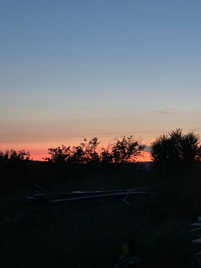 This is a vertical, eye-level, full-shot photograph taken during twilight at dusk. The sky is a gradient of colors, transitioning from a clear, light blue at the top to a soft orange and pink hue near the horizon, indicative of the sunset. Silhouetted against the colorful sky are the dark shapes of trees and foliage. In the foreground, a dark, indistinct area suggests ground cover and possibly some debris or discarded materials. The overall scene captures a rural or semi-rural landscape at the end of the day, in what is identified as the Krasnomakskoye rural settlement, Ukraine. There are no people or animals visible in the image, and no specific actions or interactions are depicted. The environment appears natural, with the man-made elements in the foreground being largely obscured by shadow.