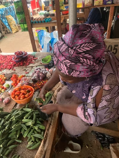 This is a vertically oriented, medium-angle, outdoor photograph of a vendor at a market in Kafanchan B, Nigeria. The vendor, a person wearing a vibrant, patterned headwrap and a purple lace top, is seated behind a display of fresh produce. In front of them are piles of red chili peppers, a bowl of tomatoes, a container of small red and yellow fruits, and a large quantity of okra. The vendor is actively selecting okra with their hands, indicating they are preparing to bag or sell it. The setting appears to be a bustling market with wooden shelves stocked with various goods in the background, suggesting a daytime scene. The ground is dirt, and there are some plastic bags and a white slipper visible. The overall impression is one of commerce and local life, with the focus on the fresh produce and the vendor's interaction with it.