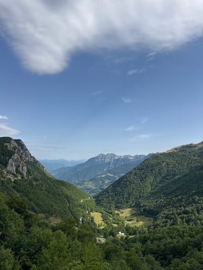 This image captures a scenic mountain landscape, likely in the vicinity of Љевишта, Montenegro. The foreground features lush green trees, with some sparse vegetation visible on rocky outcrops to the left. As the view recedes, it opens into a valley flanked by densely forested mountains. In the distance, a range of larger, more rugged mountains forms the horizon, under a clear blue sky with scattered white clouds. The valley floor shows signs of human habitation, with small structures and cultivated fields. A winding road is visible, leading through the valley and disappearing into the distance. The overall impression is one of natural beauty and a remote, mountainous region.
