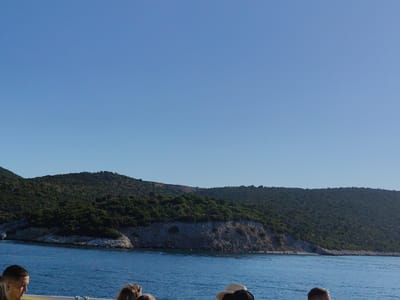 The image shows a serene view of the sea with a lush green mountainous island in the background. The water is a deep blue, reflecting the clear, cloudless sky. The island is covered in dense vegetation, with rocky outcrops visible along its coastline. In the foreground, several people are visible on a boat, their faces partially obscured. The scene appears to be set in the Municipal Unit of Pelasgia, Greece, known for its beautiful coastal landscapes.