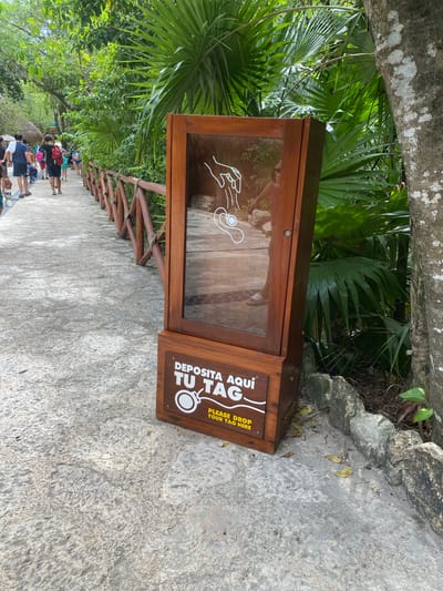 The image shows a paved walkway bordered by a wooden fence and lush tropical foliage. In the foreground, a wooden drop box with a glass front stands on the right side of the walkway. The drop box has white text that reads "DEPOSITA AQUI TU TAG" and "PLEASE DROP YOUR TAG HERE". Inside the glass, a graphic depicts a hand dropping a tag into a slot. Several people are walking away from the camera on the walkway. The scene appears to be in an outdoor recreational area, possibly a park or attraction, in Playa del Carmen, Mexico, given the tropical vegetation and paved walkway.