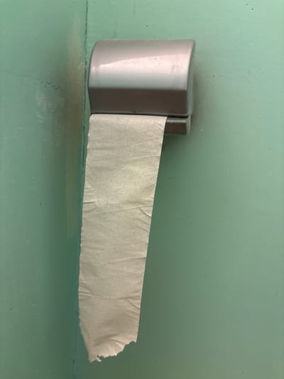 The image shows a close-up of a light grey plastic toilet paper dispenser mounted on a teal-colored wall. A long strip of light tan toilet paper hangs down from the dispenser, some of which is creased and torn at the bottom edge. The wall appears to be painted and has a slightly textured finish, with some faint imperfections visible. The scene is indoors, likely in a restroom. There are no people or animals present, and no actions or interactions are depicted. The location in Blagoveshchensk, Russia, is not visually indicated by any elements in the image.