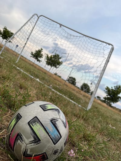 A soccer ball rests on a grassy field in Bönnigheim, Germany, with a soccer goal in the background. The sky is cloudy, and the sun is setting. The ball is white with colorful accents and is positioned in the foreground. The soccer goal is white and appears to be made of metal and netting. The field is covered in grass and some wildflowers. Several trees are visible in the distance. The lighting suggests it is late afternoon or early evening.