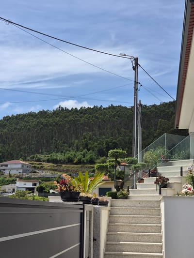 The scene is a view of a residential area near Barcelos, Portugal. A hillside covered in dense green trees rises in the background. In the foreground, there is a part of a building with a modern design including a glass railing and gray stairs with a patterned surface. A potted palm and other plants are visible on a terrace. Power lines and a utility pole intersect the sky, which is a clear blue with thin, wispy clouds. Houses are visible at the base of the hill.