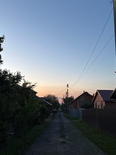 The image depicts a rural street in Grushevskaya, Russia, at dusk. The sky transitions from a pale blue at the top to a soft gradient of pink and orange near the horizon. A gravel road runs through the center of the frame, flanked by houses and fences on either side. To the left, dense green foliage obscures some of the houses. The houses on the right are more visible, featuring brick exteriors and dark-colored roofs. Overhead, power lines are strung between utility poles. A single car is visible in the distance down the road. The overall atmosphere is quiet and serene, characteristic of a rural setting during twilight.