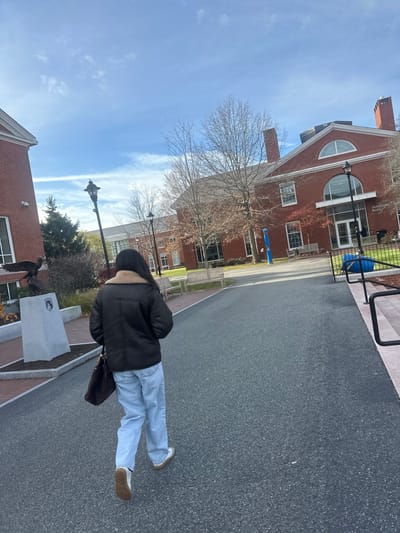 The image depicts an outdoor campus scene on a clear, sunny day in Waltham, Massachusetts, specifically at Bentley University. A single individual is captured from behind, walking away from the viewer on a dark gray asphalt pathway. This person wears a dark, possibly black, bomber jacket with a light-colored fur or shearling collar, light blue loose-fitting jeans, and white sneakers with tan soles. A dark brown shoulder bag is visible on their left side.
To the right, a large, multi-story brick building, identified as Jefferson Hall, features a prominent arched entranceway and numerous windows. Its roofline includes a semi-circular attic window and two brick chimneys. Several bare deciduous trees stand in front of this building, along with a smaller tree displaying reddish foliage. Light-colored wooden benches are positioned on the grass nearby. Further right, black metal handrails indicate a set of stairs descending.
To the left, another large brick building is partially visible, featuring white trim. Adjacent to this building is a stone pedestal with a bronze statue of an eagle, facing right. The pedestal bears an emblem on its front. Several classic-style dark street lamps are spaced along the pathway. The sky is bright blue with sparse, wispy white clouds.