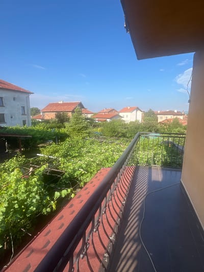 The image depicts a view from a balcony overlooking a lush garden and a residential area in Krainitsi, Bulgaria. The balcony railing, made of black metal with an ornate design, runs along the foreground. The balcony floor is tiled in dark gray. Beyond the railing, a dense canopy of green foliage, likely grapevines, covers a trellis system. Several houses with red-tiled roofs are visible in the background, interspersed with trees. The sky is a clear, bright blue with a few wispy white clouds. The overall impression is a sunny day in a suburban or village setting.