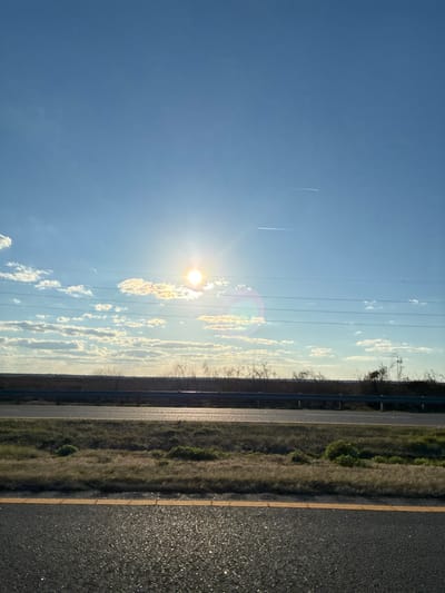 The image captures an outdoor daytime scene in the vicinity of Micanopy, United States, likely from a moving vehicle on a roadway. The sky is predominantly clear blue, with the bright sun prominently positioned in the upper-left quadrant, exhibiting lens flare effects. Scattered white cumulus clouds are visible, primarily in the lower-left and mid-left areas of the sky. Two faint, linear white aircraft contrails are present in the upper-right sky. Several thin, dark horizontal lines, consistent with utility wires, traverse the mid-sky. The foreground features dark asphalt pavement, reflective from direct sunlight, marked by a solid yellow line extending across the bottom of the frame. Adjacent to the pavement is a grassy median or shoulder with sparse, dry, light-brown vegetation and some patches of green. Beyond this median, a dark metal guardrail stretches horizontally across the scene. Behind the guardrail, a flat expanse of dense, light-brown vegetation, possibly a field, extends towards the horizon, with some bare tree branches visible on the right side. No individuals or specific activities are depicted.
