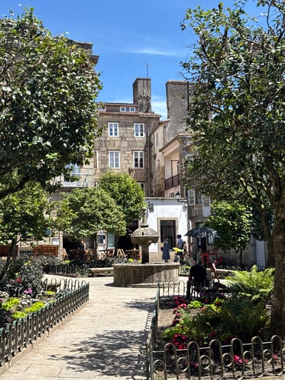 The image depicts a sunny day in a plaza in Santiago De Compostela, Spain, likely near the Mercado de Abastos or Praza de Cervantes, based on the architectural style of the surrounding buildings and the presence of outdoor seating for cafes. In the foreground, a paved pathway winds through a small park area with manicured flowerbeds bordered by decorative metal fencing. Lush green trees with full canopies flank the pathway, casting dappled shadows on the ground.
A stone fountain, the central feature of the plaza, stands in the mid-ground, surrounded by more trees and architectural elements. Behind the fountain, several buildings with stone facades and traditional windows are visible. Some of these appear to be cafes or shops, with outdoor tables and chairs set up. People are scattered throughout the scene, engaged in various activities. Two individuals stand near the fountain, while others are seated at tables or walking through the plaza. One person is seated on a bench in the park area, facing away from the camera. The sky is a clear, bright blue.