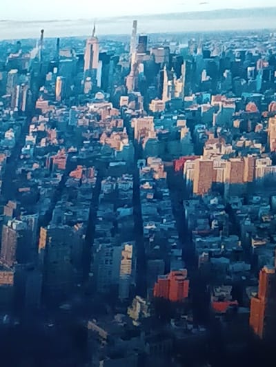 An aerial view showcases a densely packed cityscape, likely New York City, under a hazy sky. Skyscrapers punctuate the horizon, including recognizable landmarks like the Empire State Building. Streets create linear divisions between blocks of buildings, with varying heights and shades of blue, gray, and beige. The lighting suggests either sunrise or sunset, casting shadows and highlighting certain structures with a warm glow. The overall impression is one of urban density and architectural diversity.